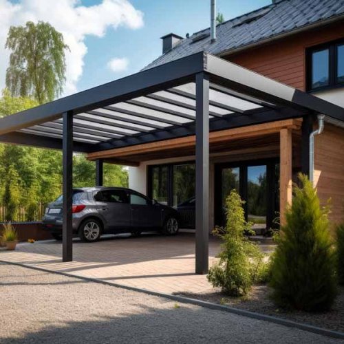 Carport ajouré à lames en aluminium noir brossé